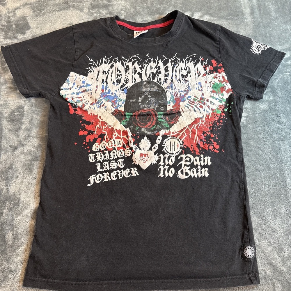 Affliction Style Forever Skull Roses Graphic T Shirt Mens Medium Black Y2K MMA